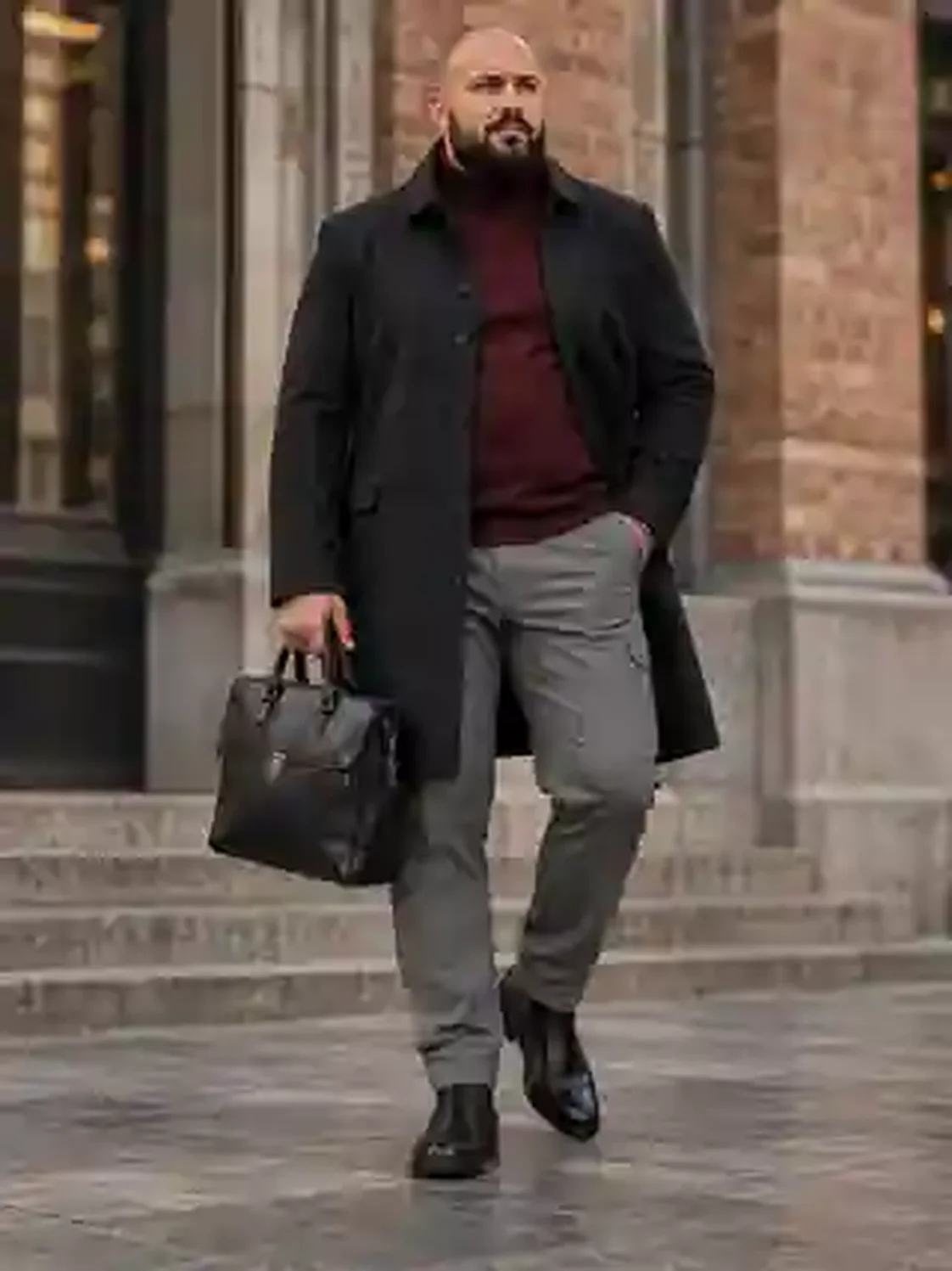 Mann mit burgunderrotem Rollkragen, anthrazitfarbenem Mantel, grauer Businesshose, schwarzen Chelsea Boots und schwarzer Ledertasche in eleganter Stadtstraße.