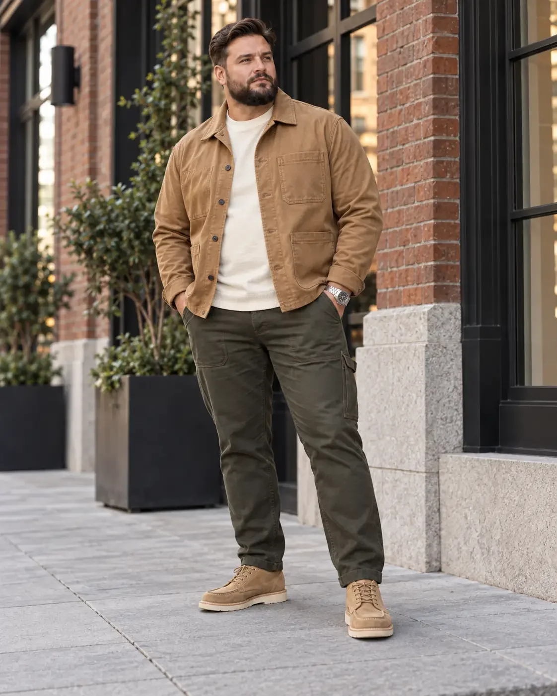 Workwear-Look für Männer in großen Größen mit warmer Fieldjacke, hellem Shirt, olivfarbener Cargo und braunen Boots