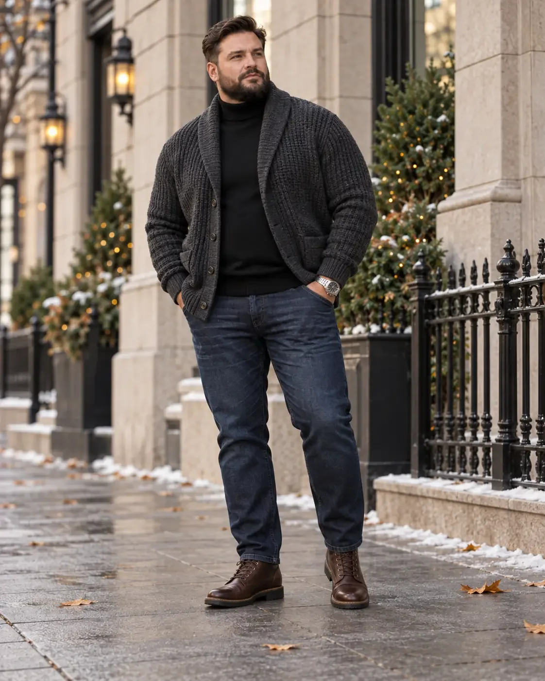 Winterlicher XXL+ Look mit grober Schalkragen-Strickjacke, schwarzem Rollkragen, dunkler Jeans und braunen Boots