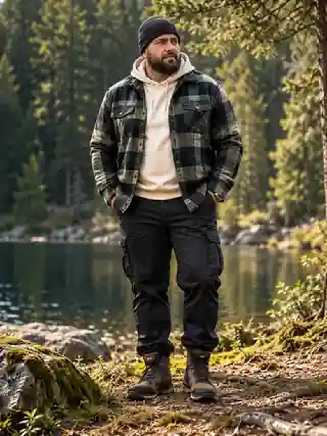 Kräftiger Mann am Waldsee mit dunkel kariertem Overshirt, cremefarbenem Hoodie, schwarzer Outdoorhose und Wanderschuhen.