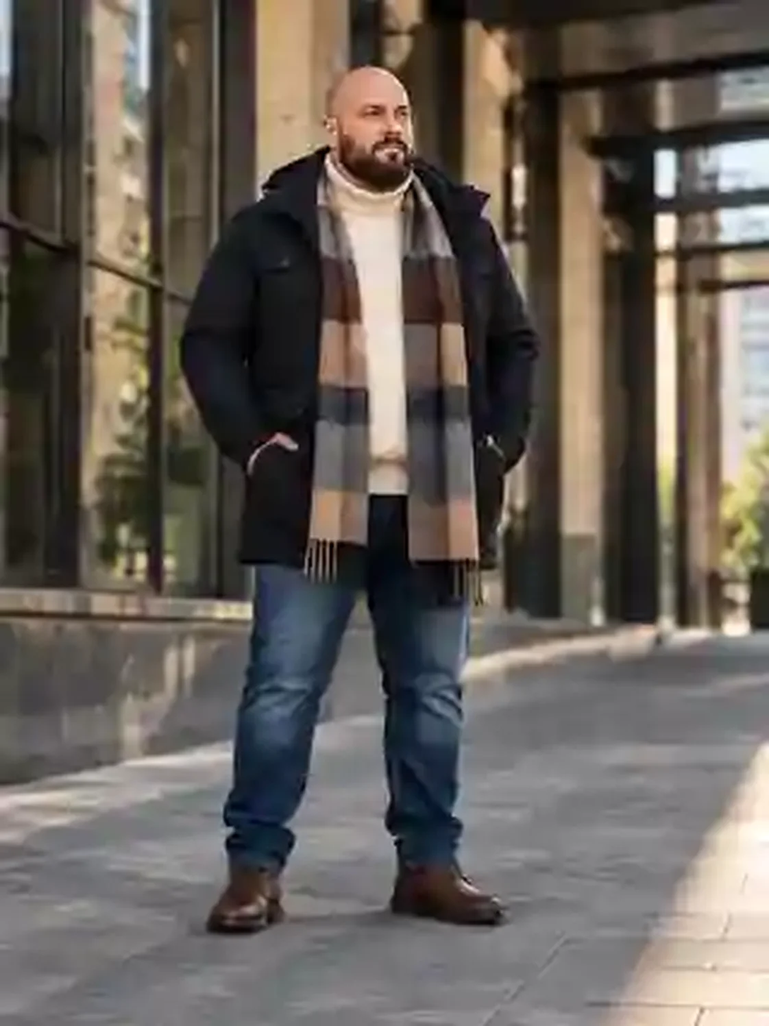 Kräftiger Mann in navyblauem Parka, cremefarbenem Rollkragen, symmetrisch getragenem Karoschal, Jeans und braunen Boots vor einem modernen Gebäude.