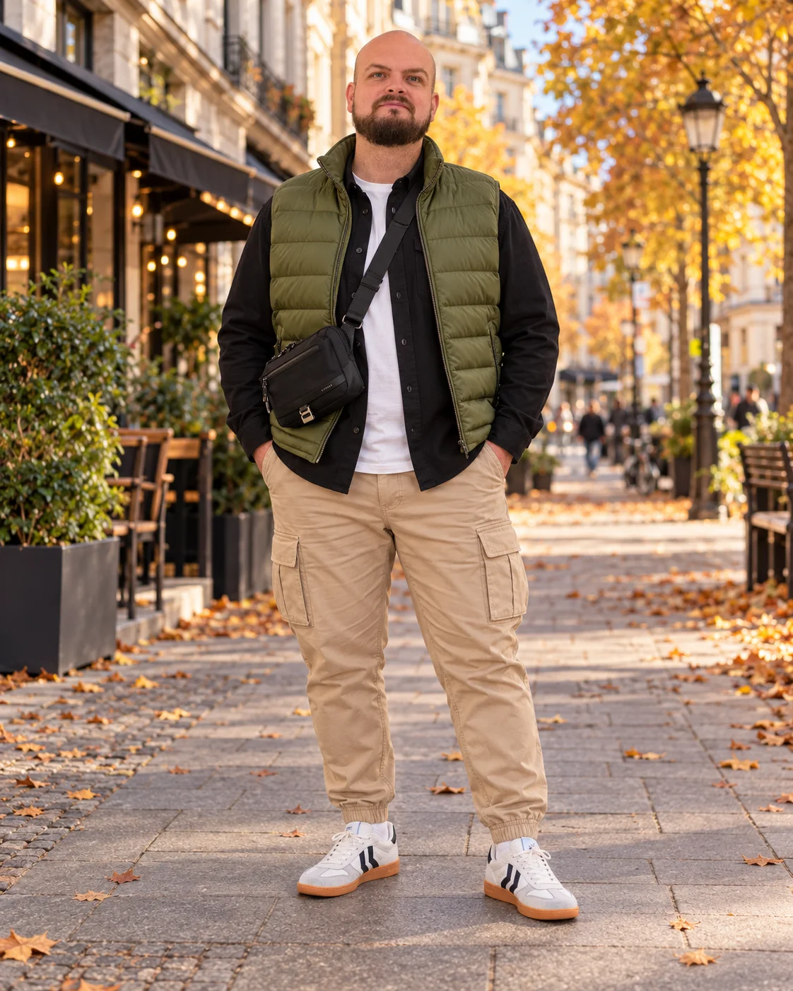 Herbstlook mit olivfarbener Steppweste, schwarzem Overshirt und sandfarbener Cargo