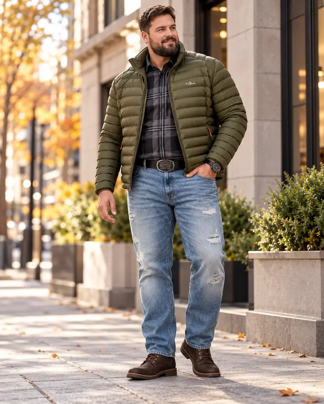 Big-and-Tall-Herbstlook mit olivfarbener Steppjacke, schwarz-grauem Karohemd, heller Jeans und braunen Lederboots