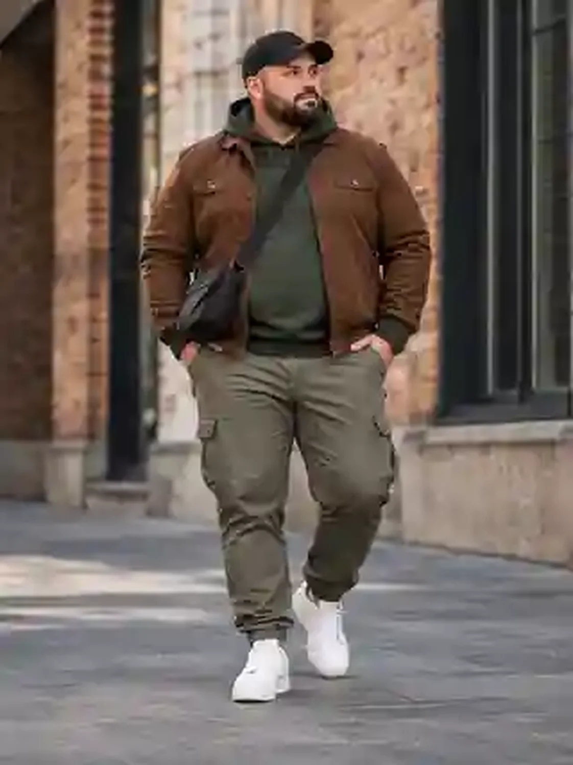 XXL-Model mit brauner Freizeitjacke, olivem Hoodie, olivgrauer Cargohose, weißen Sneakern, Cap und Crossbody-Bag vor Backsteinfassade.