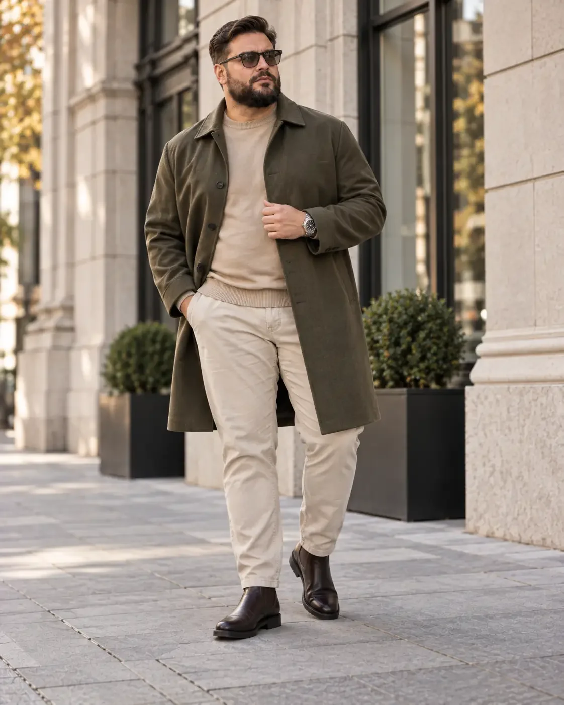 Tonaler Smart-Casual-Look in großen Größen mit olivfarbenem Mantel, beigem Strick, heller Chino und braunen Chelsea-Boots