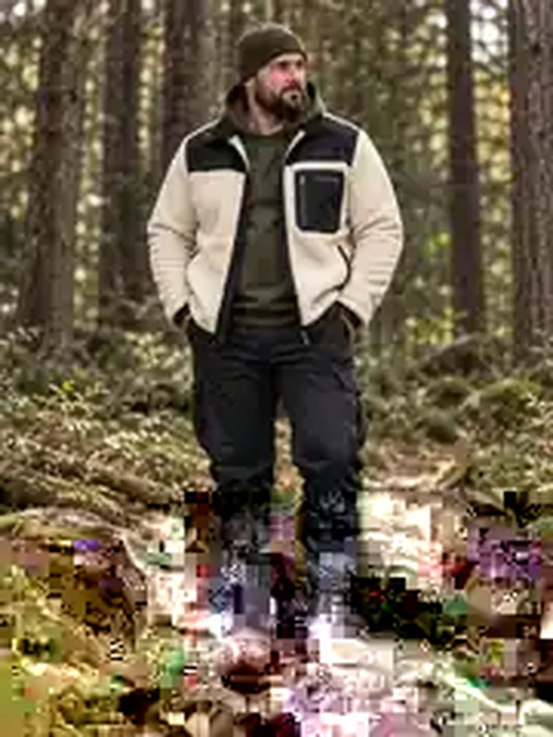 Kräftiger Mann in creme-schwarzer Teddy-Fleecejacke über olivem Hoodie, schwarzer Cargo und Wanderboots auf einem Waldweg.
