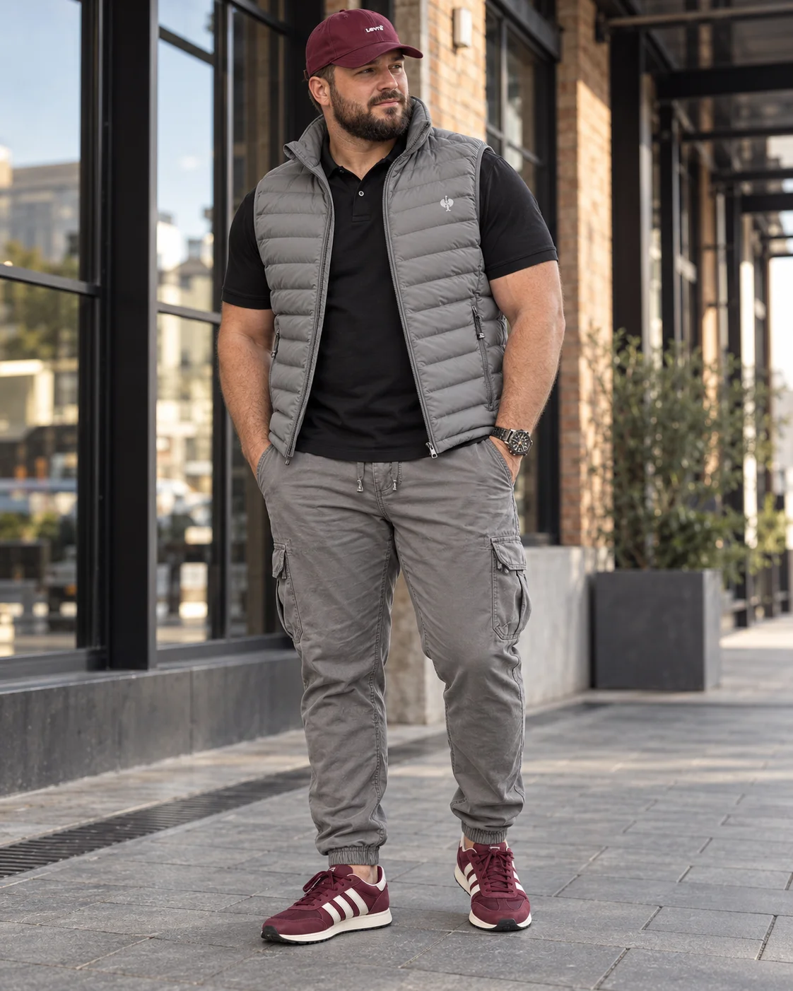 Urban Grey Casual Look mit grauer Steppweste, schwarzem Poloshirt, grauer Cargo, burgunderroter Cap und Sneakern